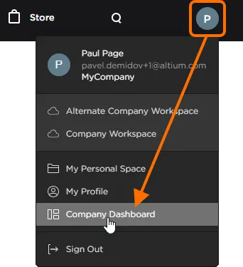 Once you are signed in to your Altium Account, the user menu provides access to the Company Dashboard.