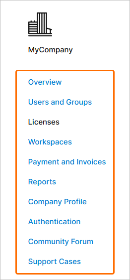 Access the various areas of functionality provided by the Company Dashboard, through the links available at the left of a page.