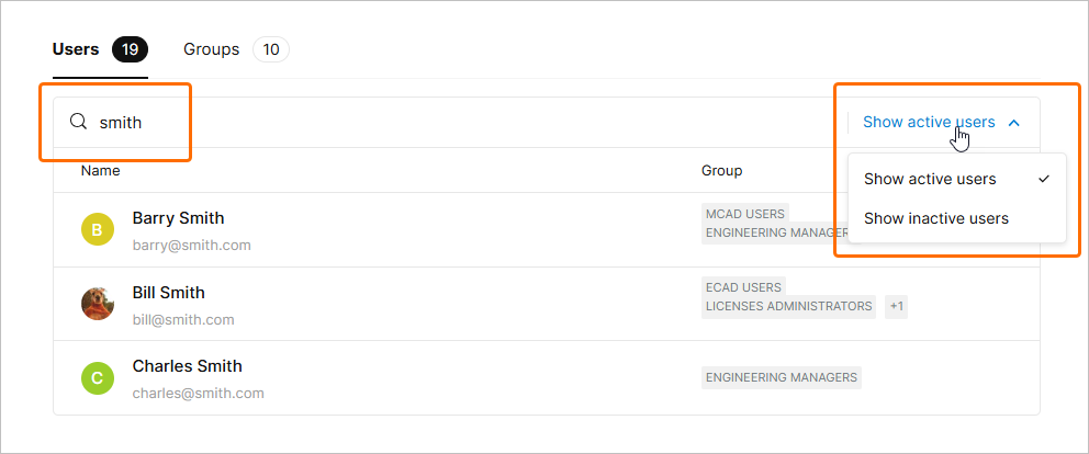 Filter the Users list by a name keyword or by user active/inactive status.