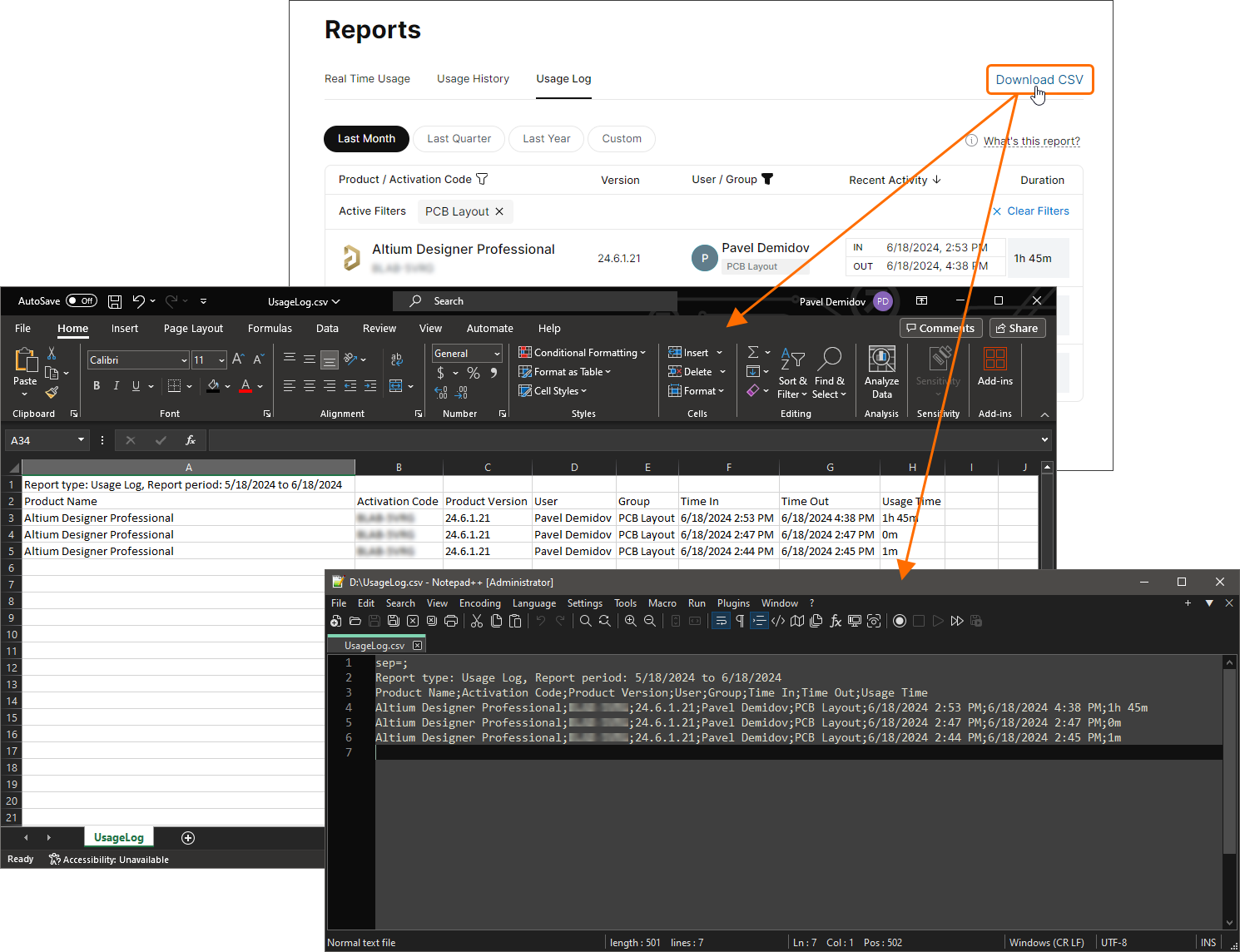 Example Usage Log exported into CSV format and opened in both Microsoft Excel and Notepad++.