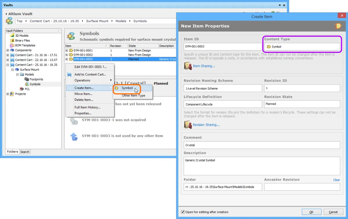 Creating a Symbol Item within a Symbols folder - the correct Content Type is available on the context menu. Creating a Symbol Item within a Symbols folder - the correct Content Type is available on the context menu.