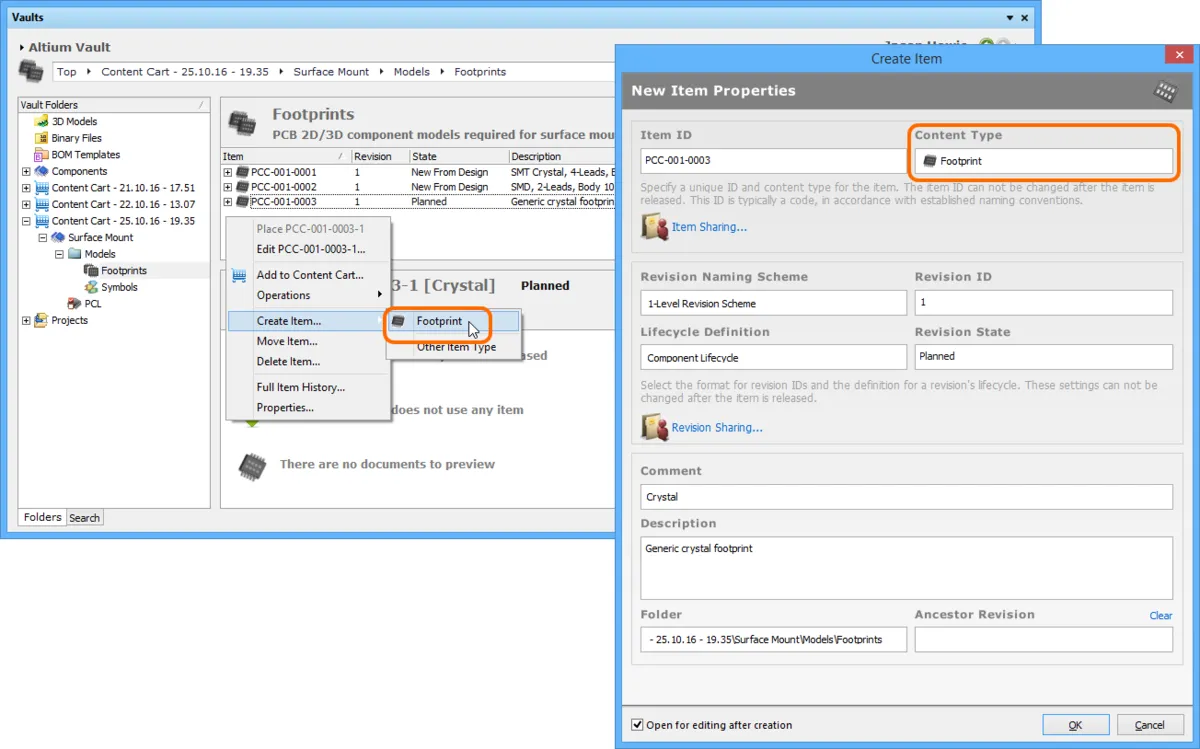 Creating a Footprint Item within a Footprints folder - the correct Content Type is available on the context menu. Creating a Footprint Item within a Footprints folder - the correct Content Type is available on the context menu.