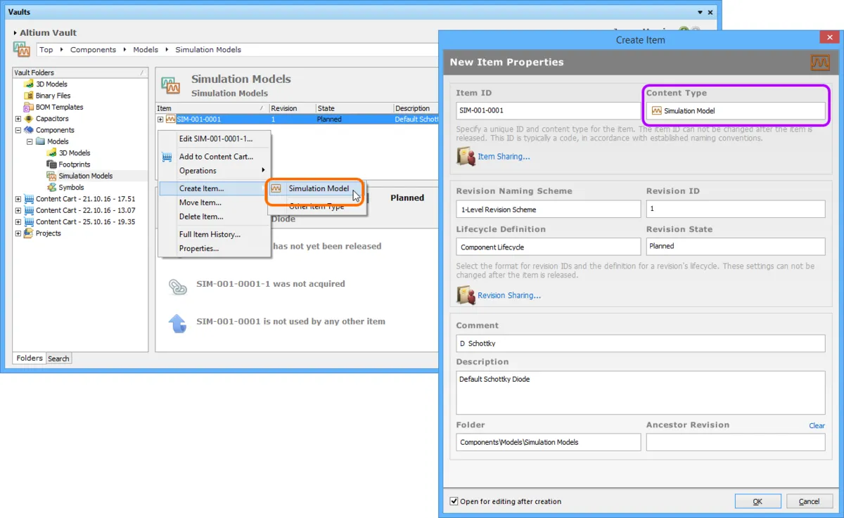 Creating a Simulation Model Item within a Simulation Models folder - the correct Content Type is available on the context menu. Creating a Simulation Model Item within a Simulation Models folder - the correct Content Type is available on the context menu.