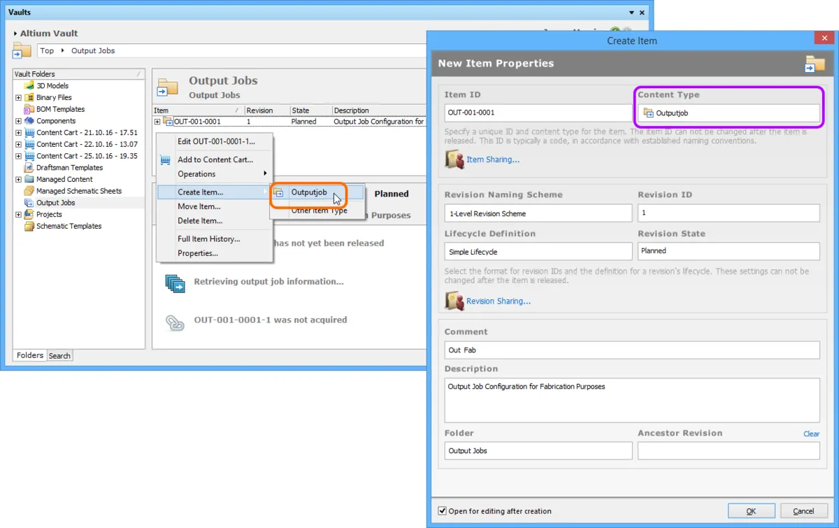 Creating an Outputjob Item within an Output Jobs folder - the correct Content Type is available on the context menu. Creating an Outputjob Item within an Output Jobs folder - the correct Content Type is available on the context menu.
