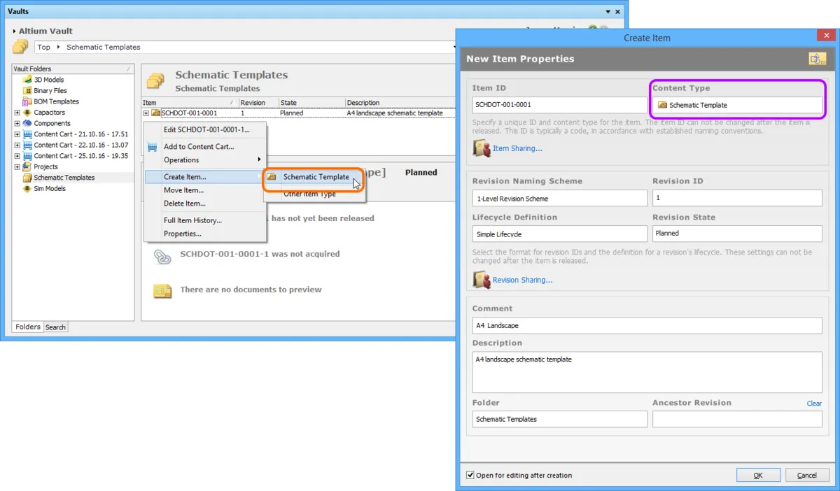 Creating a Schematic Template Item within a Schematic Templates folder - the correct Content Type is available on the context menu.