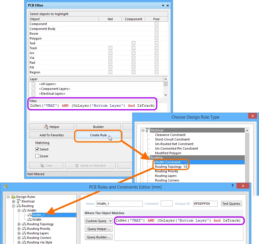 Create a new design rule directly from the PCB Filter panel - the filter query expression is used as the scope for the rule.