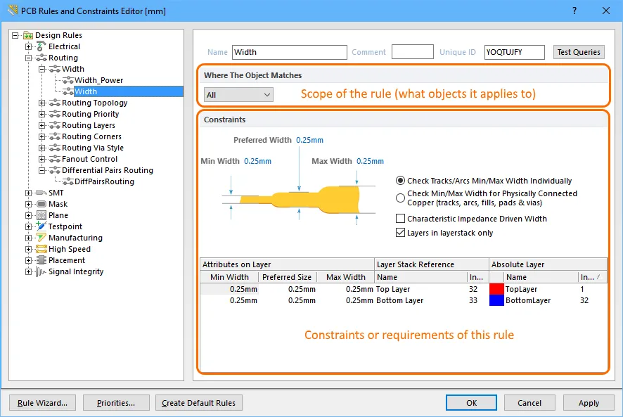 The default Routing Width design rule has been configured.