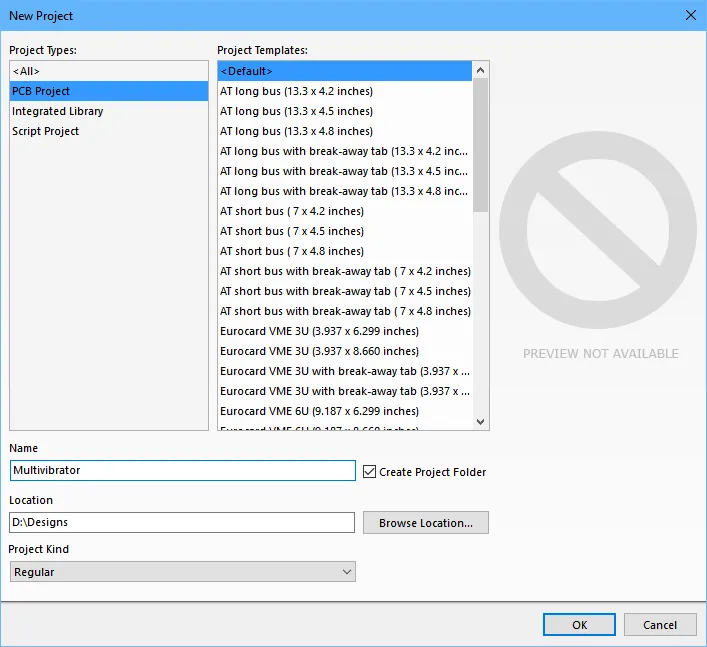 Create the new PCB project in the required location.