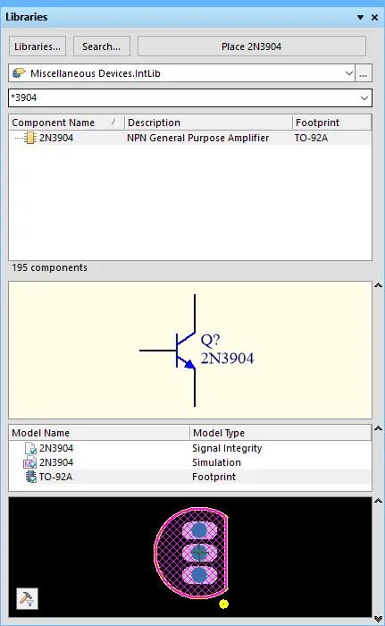 Filtering the library for components with the string 3904 somewhere in their name. Filtering the library for components with the string 3904 somewhere in their name.
