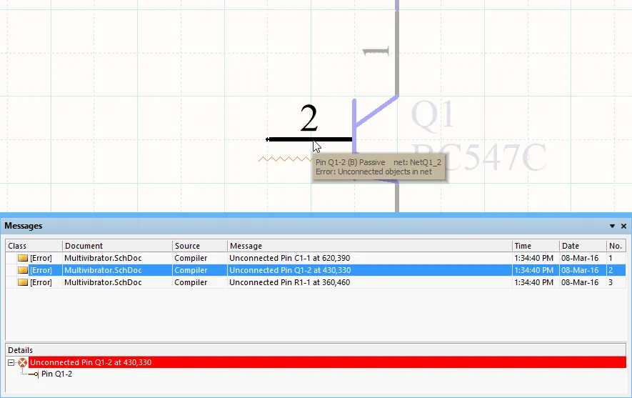 Use the Messages panel to locate and resolve design errors - double-click on an error to pan and zoom to that object.