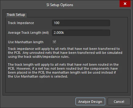 The SI Setup Options dialog