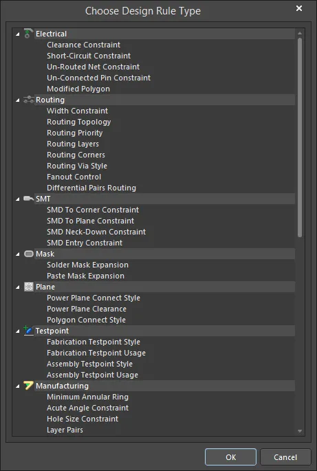 The Choose Design Rule Type dialog