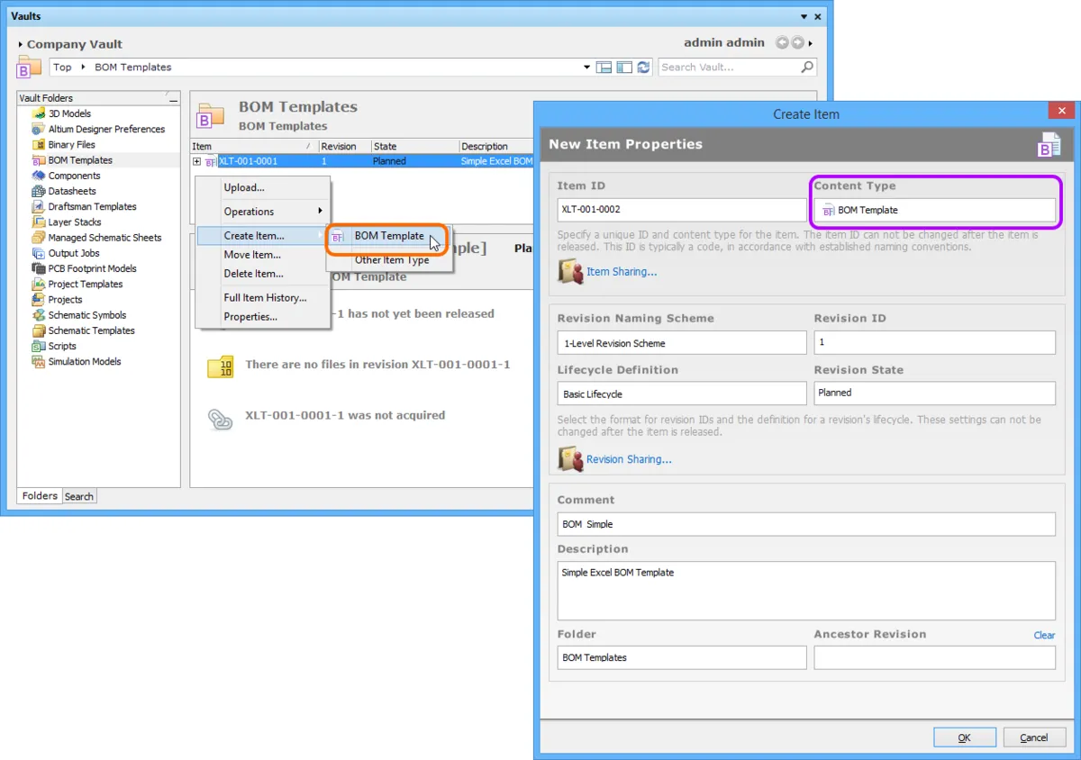 Creating a BOM Template Item within a BOM Templates folder - the correct Content Type is available on the context menu. Creating a BOM Template Item within a BOM Templates folder - the correct Content Type is available on the context menu.