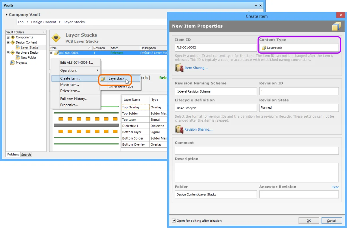 Creating a Layerstack Item within a Layerstacks folder - the correct Content Type is available on the context menu. Creating a Layerstack Item within a Layerstacks folder - the correct Content Type is available on the context menu.