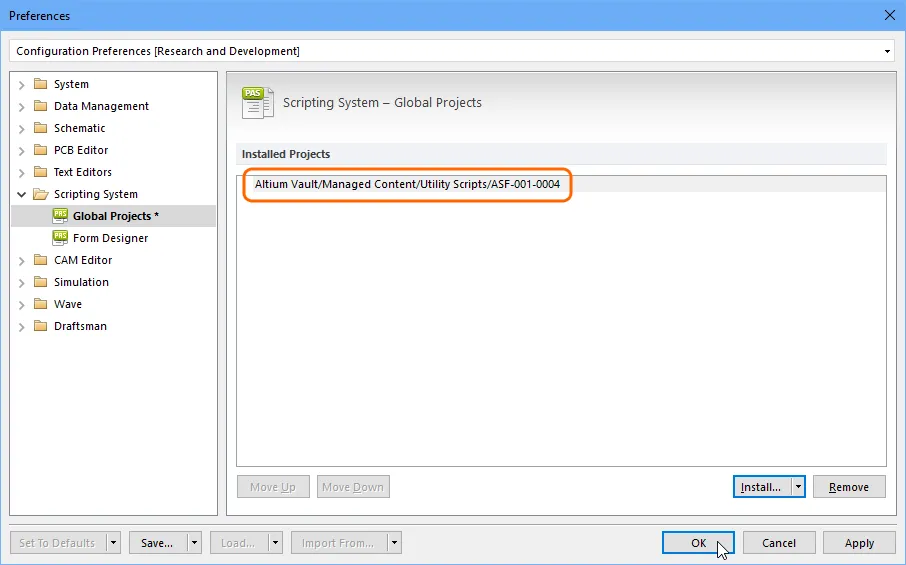 A Managed Script installed from an Altium Vaults is listed by its Vault path and Item ID name. A Managed Script installed from an Altium Vaults is listed by its Vault path and Item ID name.