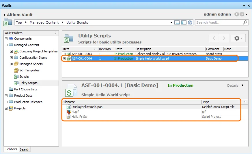 In the Vaults panel, select the Details view to see the files contained in the current Script Revision. In the Vaults panel, select the Details view to see the files contained in the current Script Revision.