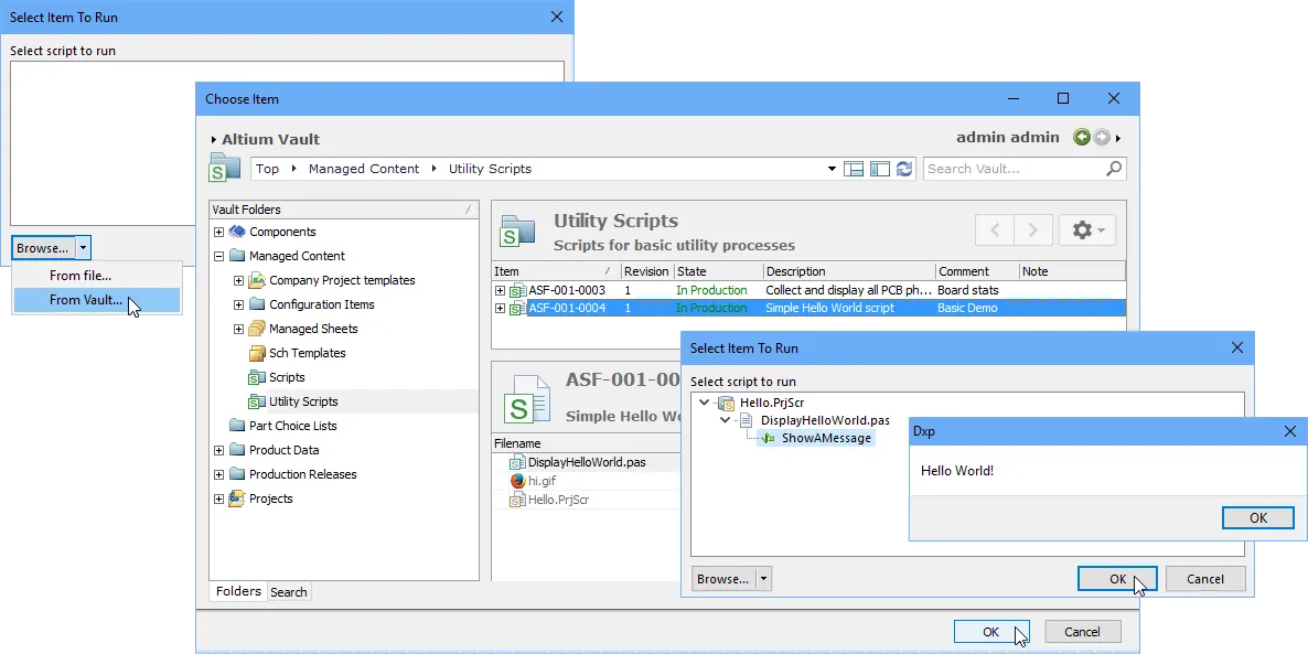 Choose to run a script from a Vault source, rather than a local source, by selecting the From Vault option in the Select Item to Run dialog. Choose to run a script from a Vault source, rather than a local source, by selecting the From Vault option in the Select Item to Run dialog.
