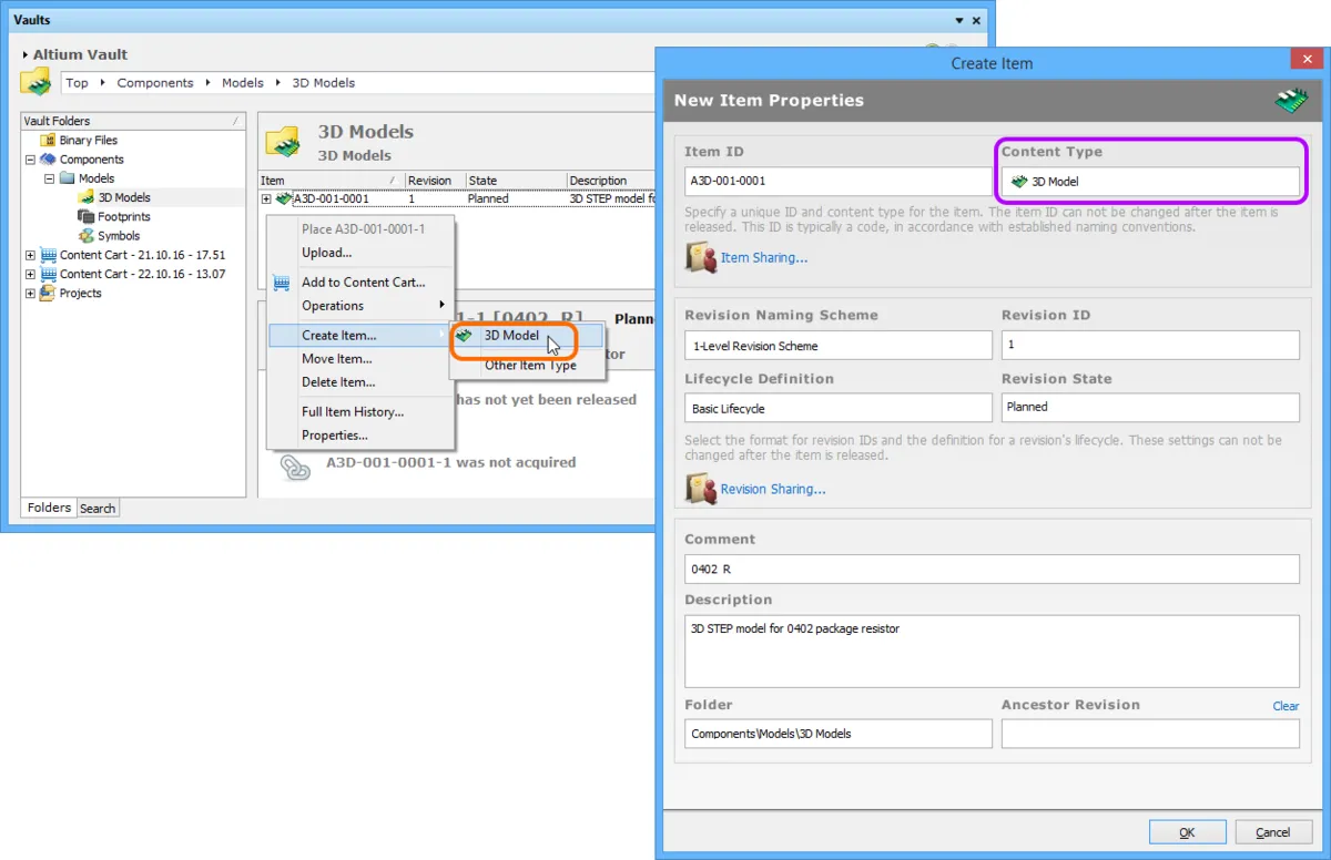 Creating a 3D Model Item within a 3D Models folder - the correct Content Type is available on the context menu. Creating a 3D Model Item within a 3D Models folder - the correct Content Type is available on the context menu.