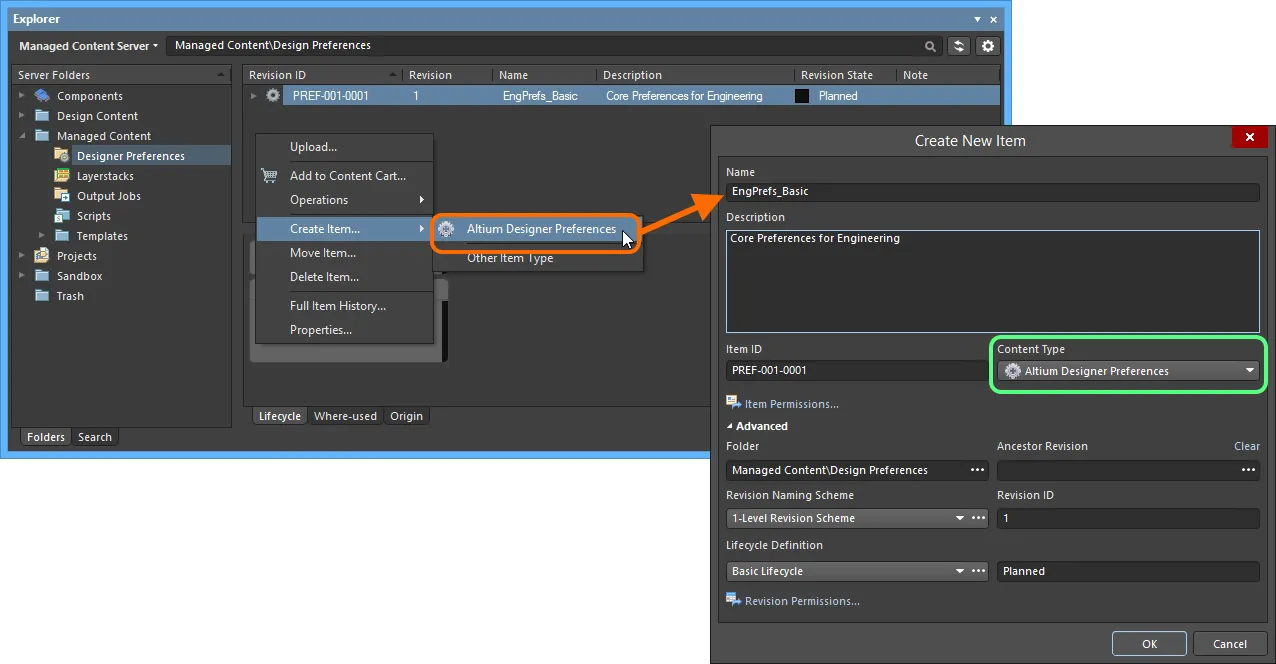 Creating a Designer Preferences Item within an Altium Designer Preferences folder - the correct Content Type is available on the context menu. Creating a Designer Preferences Item within an Altium Designer Preferences folder - the correct Content Type is available on the context menu.