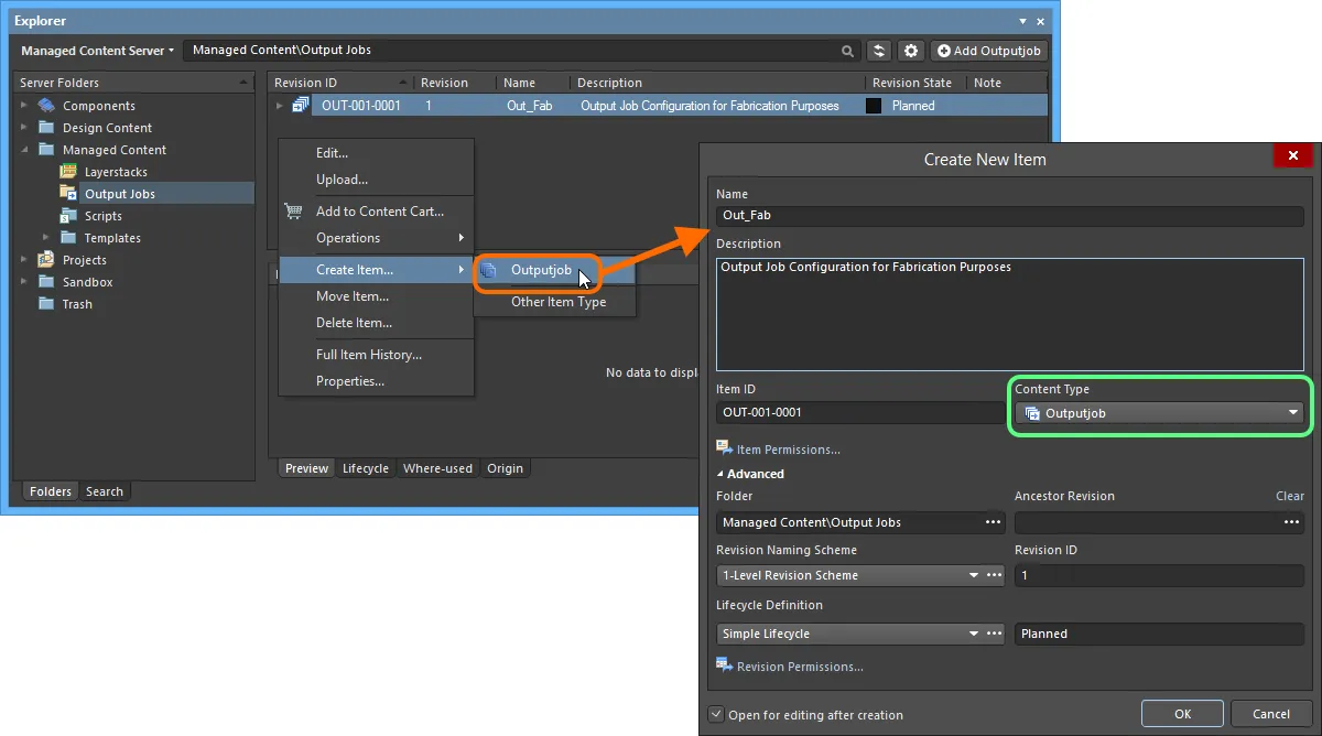 Creating an Outputjob Item within an Output Jobs folder - the correct Content Type is available on the context menu. Creating an Outputjob Item within an Output Jobs folder - the correct Content Type is available on the context menu.