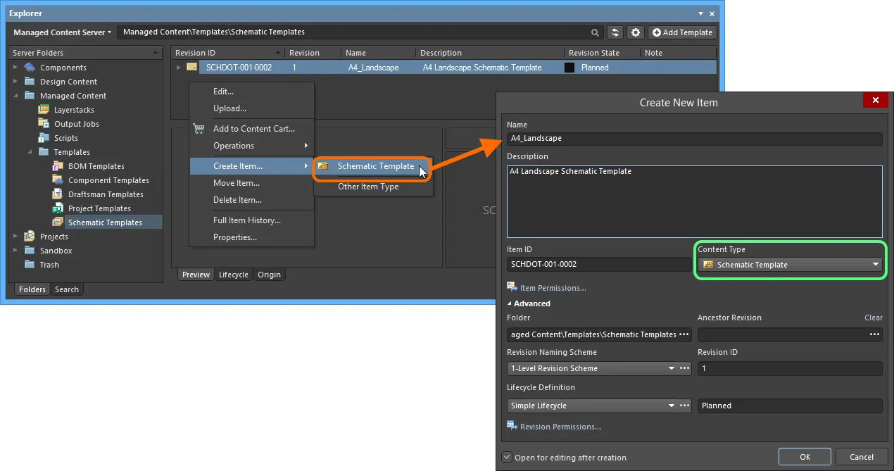 Creating a Schematic Template Item within a Schematic Templates folder - the correct Content Type is available on the context menu. Creating a Schematic Template Item within a Schematic Templates folder - the correct Content Type is available on the context menu.