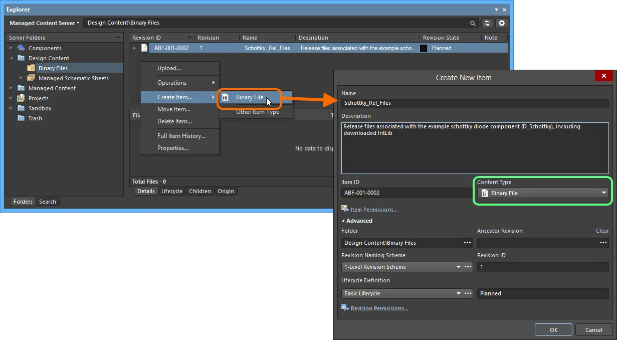 Creating a Binary File Item within a Binary Files folder - the correct Content Type is available on the context menu.