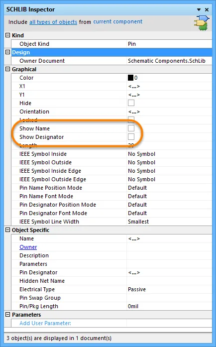  Editing the visibility of the pin name and number for all 3 pins.