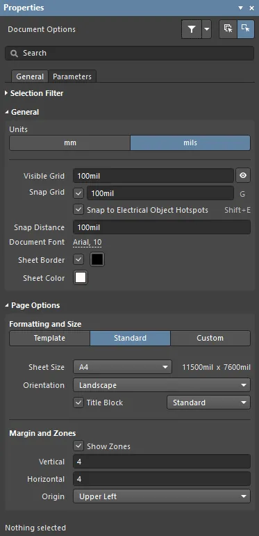 Document options are configured for each schematic sheet, set the sheet size as required.