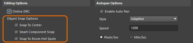 Enable Snap to Center to always hold the component by its reference point. Smart Component Snap is helpful when you need to align by a specific pad.