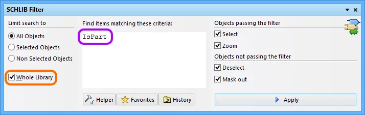 Configure a filter to select all parts in the active schematic library document.