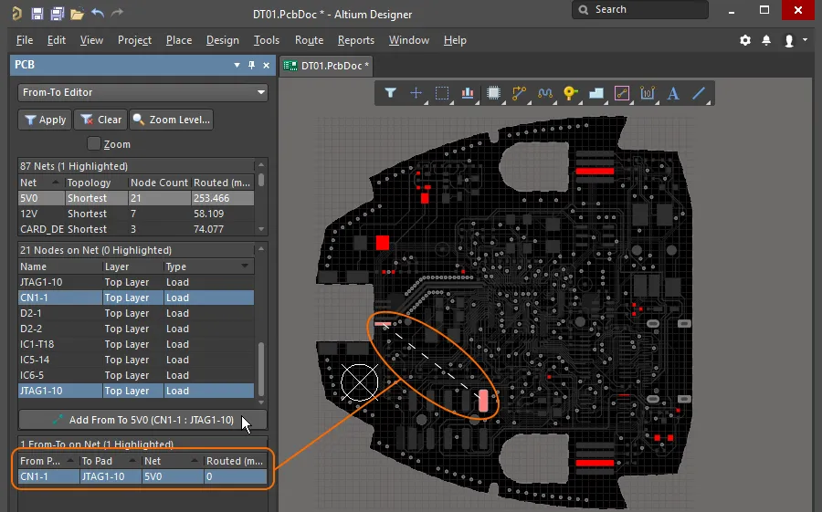 A From_To has been defined between 2 pads, note how the From-To line is displayed as dashed rather than solid.