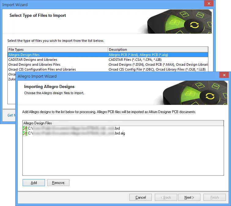 Select either binary or ASCII Allegro design files for import. Allegro must be installed on the local machine to import binary Allegro files (*.brd).