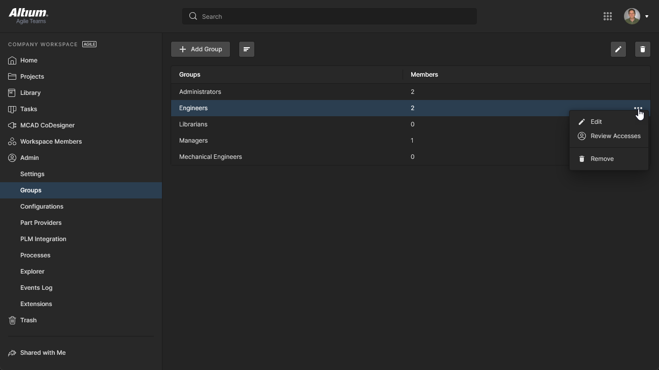 Access and manage the groups defined for your Workspace from the Admin – Groups page of the interface. Access and manage the groups defined for your Workspace from the Admin – Groups page of the interface.