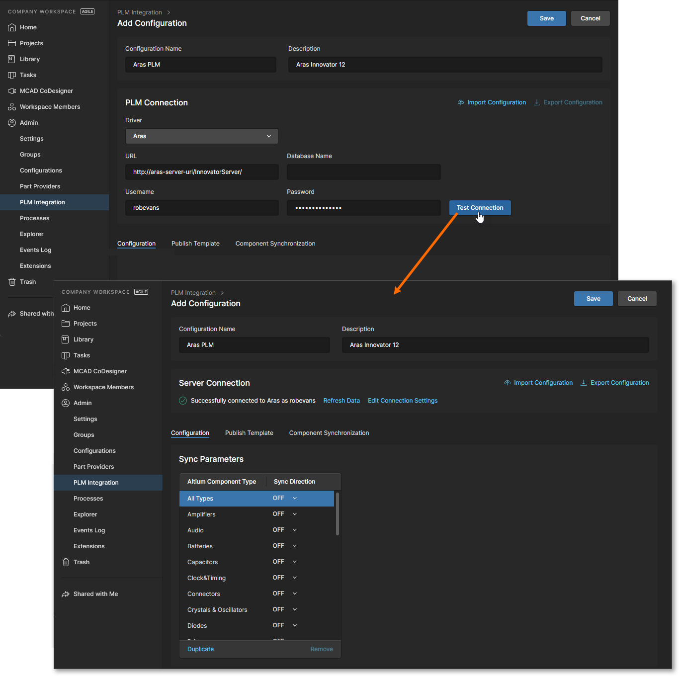 PLM integration setup is performed through an automated interface for easily configuring the interconnection, mapping parameter data, and specifying the direction of data synchronization.  PLM integration setup is performed through an automated interface for easily configuring the interconnection, mapping parameter data, and specifying the direction of data synchronization.