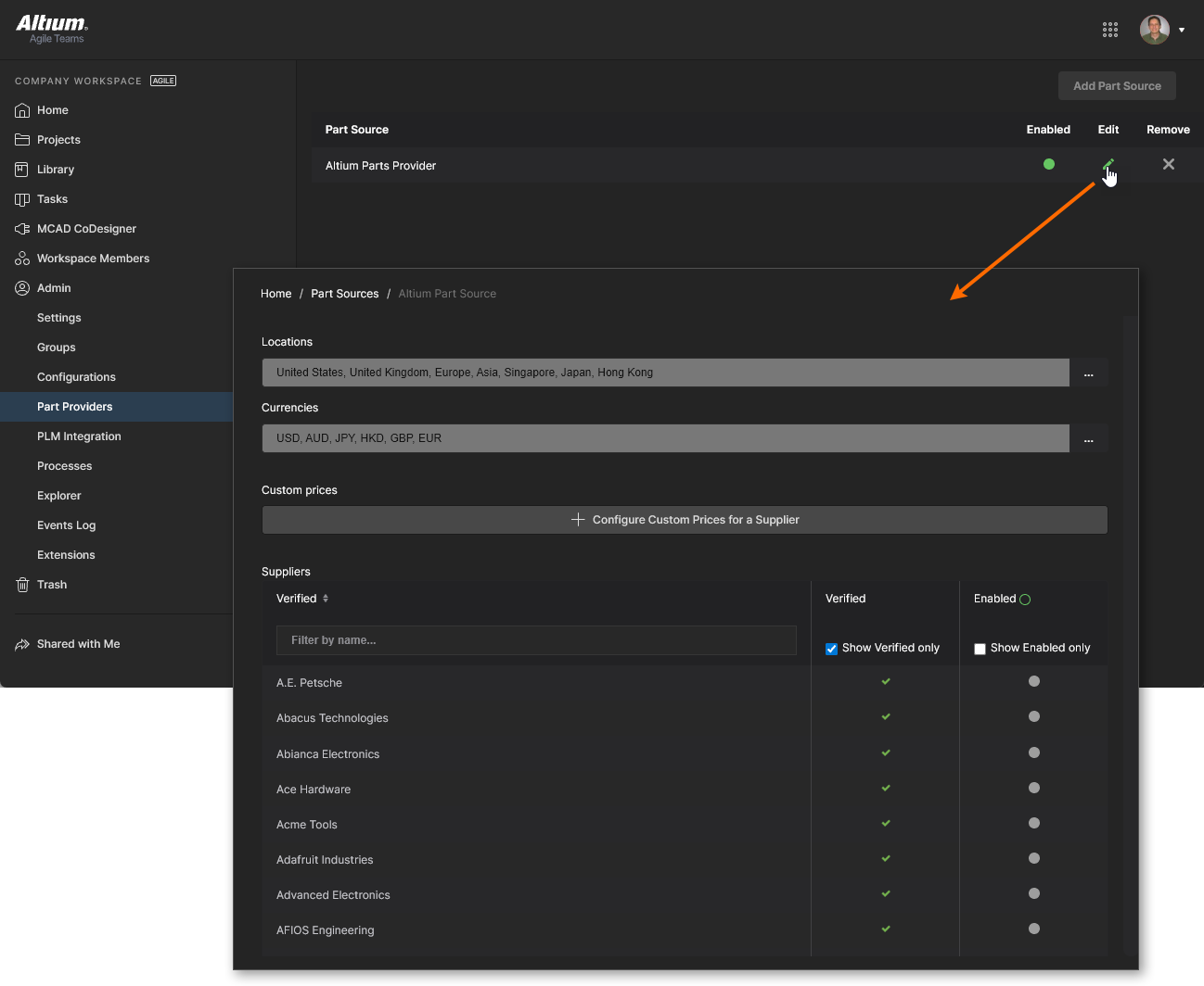 Enabling required Suppliers and determining Location/Currency ranges for the Altium Parts Provider. Enabling required Suppliers and determining Location/Currency ranges for the Altium Parts Provider.