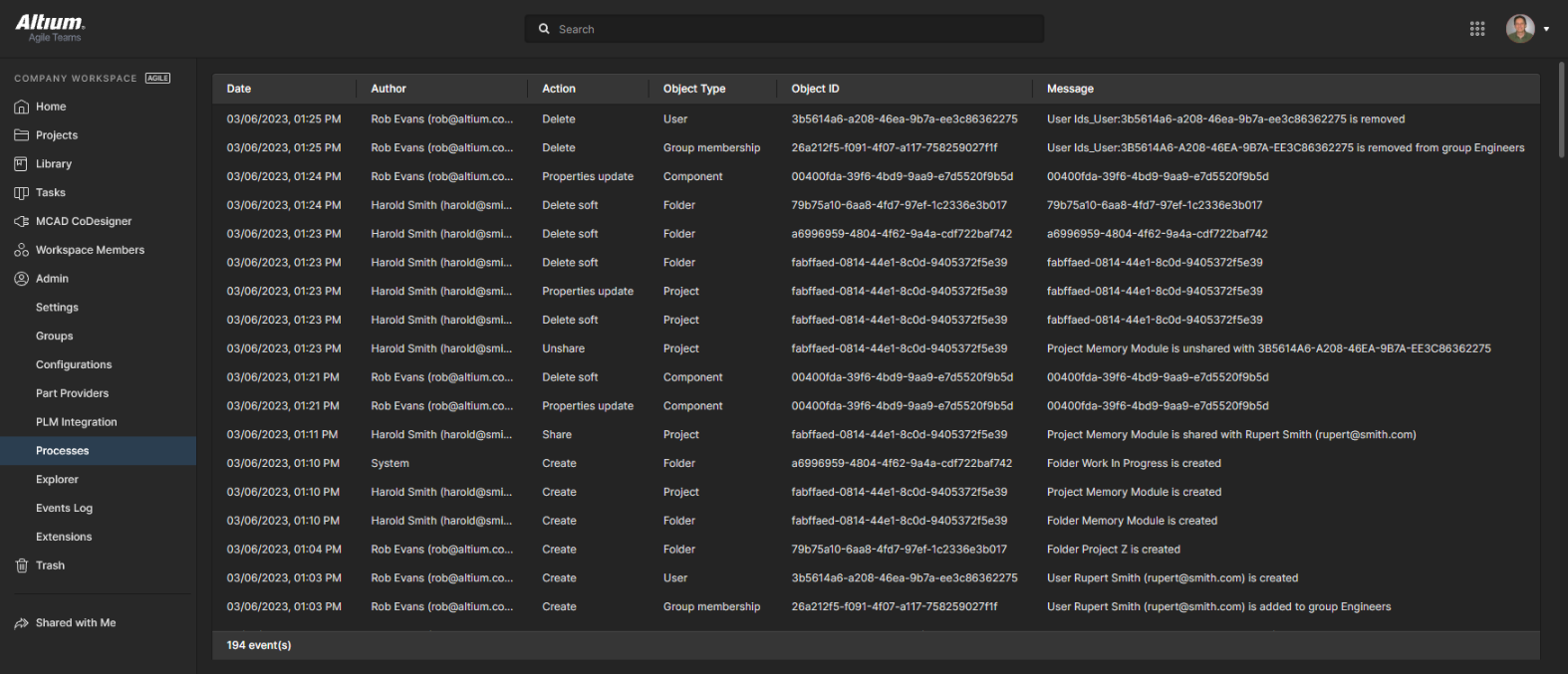 The administrator's Events Log records significant events related to design data and user access. The administrator's Events Log records significant events related to design data and user access.