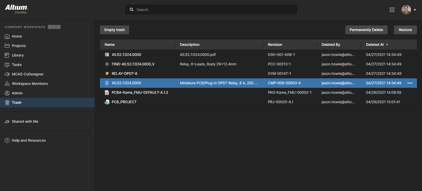 When you delete an item in the Workspace through a soft delete action, it will be moved to the Trash. The Trash page provides the interface to this isolated area of the Workspace. When you delete an item in the Workspace through a soft delete action, it will be moved to the Trash. The Trash page provides the interface to this isolated area of the Workspace.