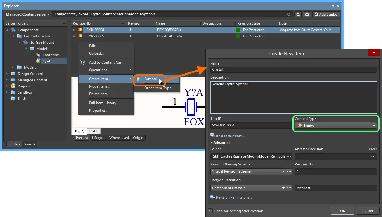 Creating a Symbol Item within a Symbols folder - the correct Content Type is available on the context menu. Creating a Symbol Item within a Symbols folder - the correct Content Type is available on the context menu.