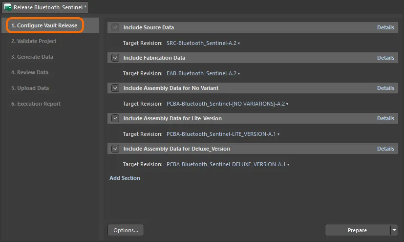 Stage 1 of the project release process - configuring what is to be included in the release (what data to generate).