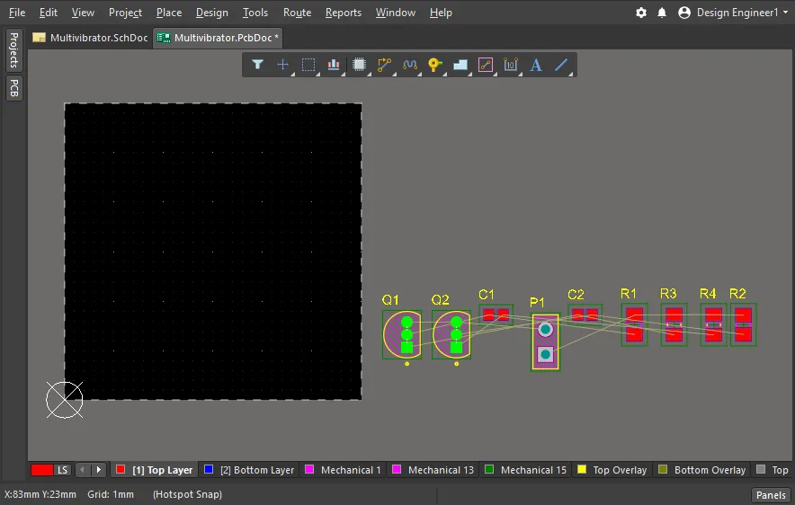 Once the ECOs have been executed, the components are placed outside the board shape and the nets are created. Note that the default Designator (and Comment) fonts have been changed.