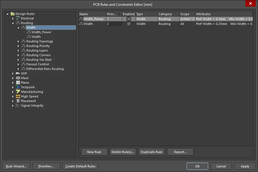 Two Routing Width design rules have been defined, the lowest priority rule targets All nets, the higher priority rule targets objects in the 12V net or the GND net.