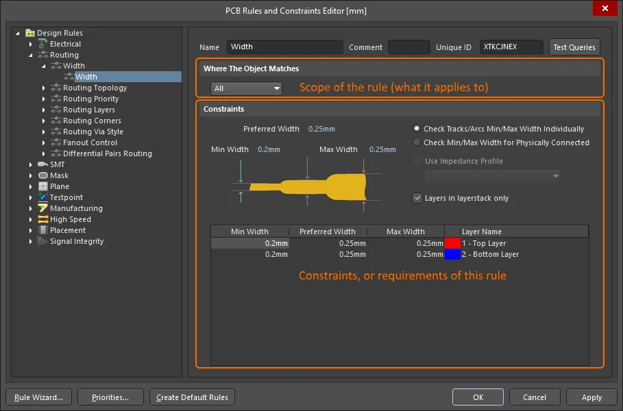 The default Routing Width design rule has been configured.