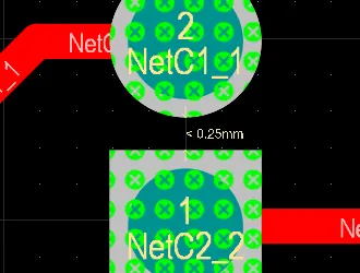 PCB editor, example of violations display, zoomed in