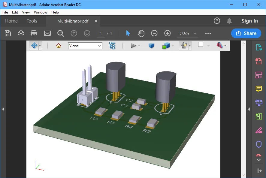 Output types include PDF 3D, with full zoom, pan and rotate, and the ability to control the display of nets, components and the silkscreen, in Adobe Acrobat Reader®.