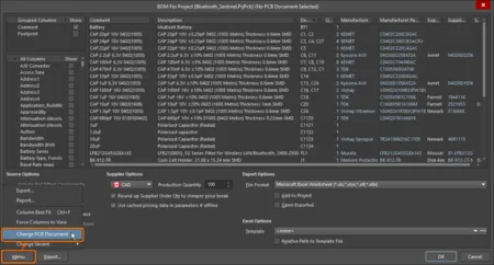 PCBドキュメントを変更するには、Menu ボタン（左図）、または右クリックメニューコマンド（右図）を使用。