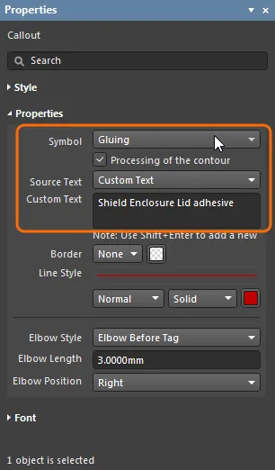 Properties panel for a Callout, highlighting where special symbols are selected