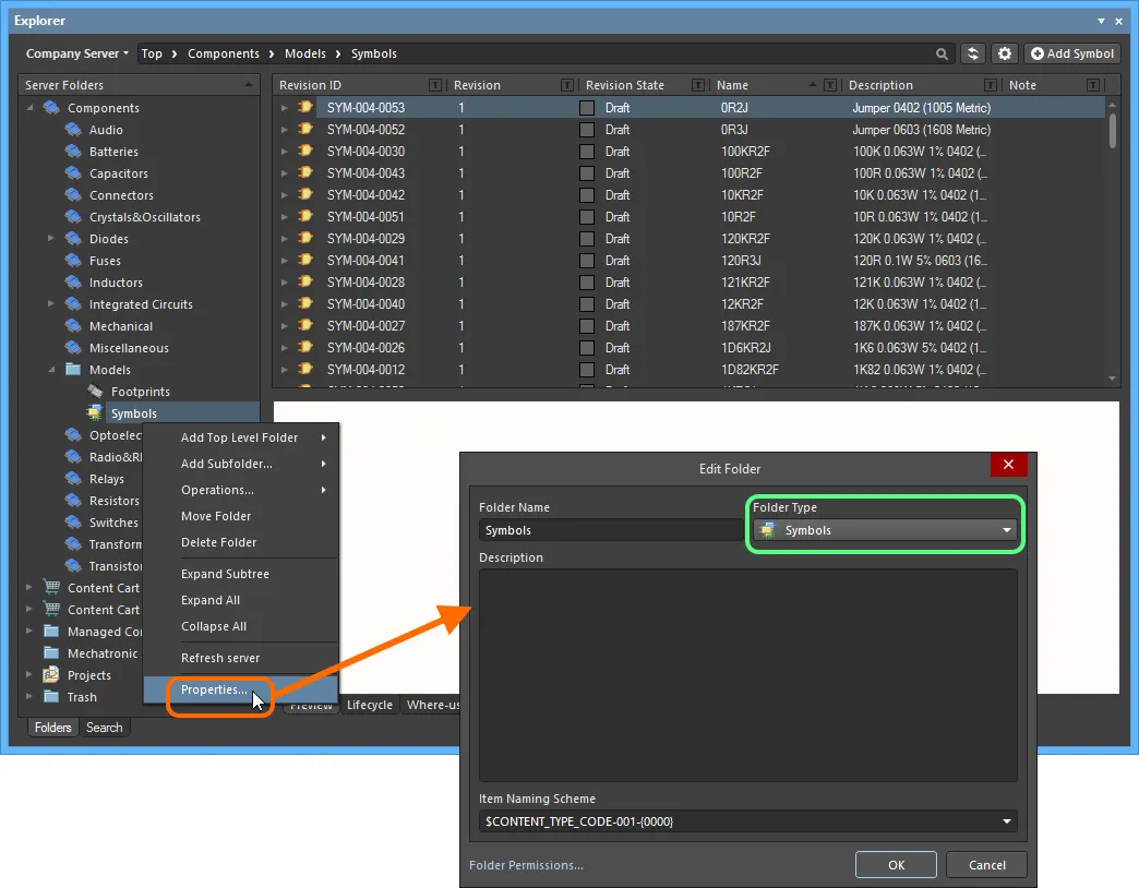 Specifying the folder type - its intended use - gives a visual indication of the content of that folder when browsing the server.