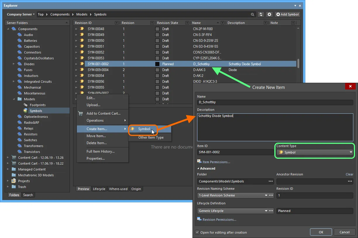 Creating a Symbol Item within a Symbols folder - the correct Content Type is available on the context menu.