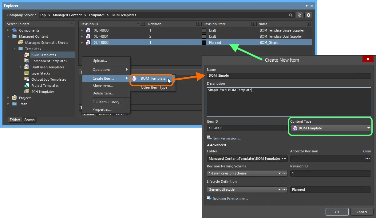 Creating a BOM Template Item within a BOM Templates folder - the correct Content Type is available on the context menu.
