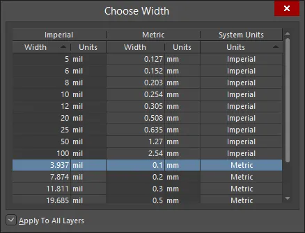 Choose Width dialog